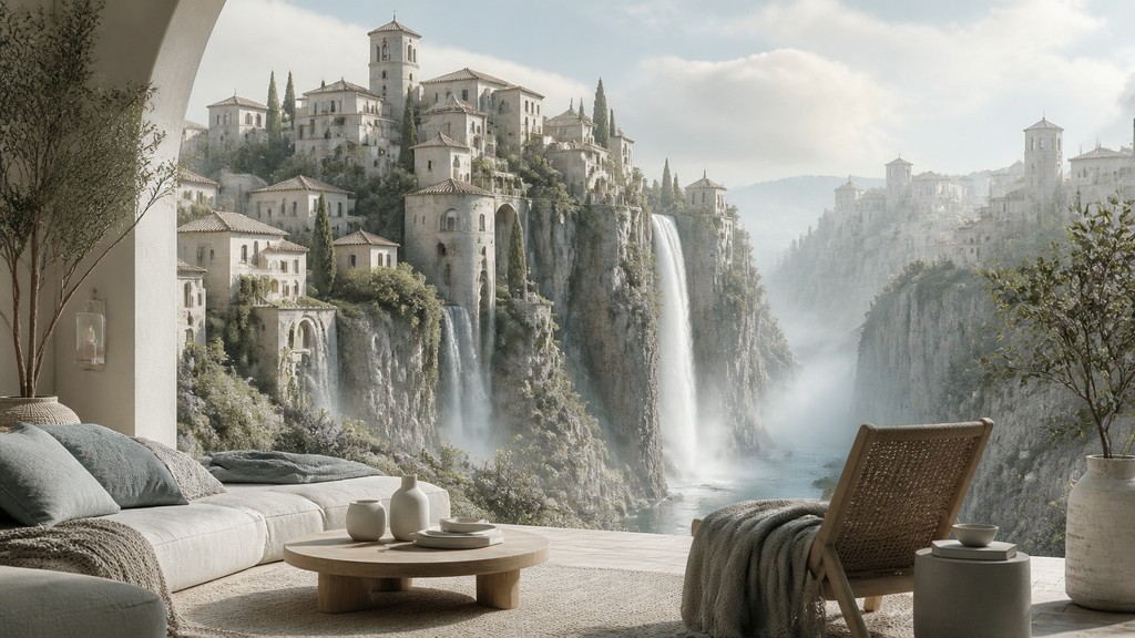 a cliffside city with waterfalls cascading into a misty canyon, wide establishing shot, no people, no text