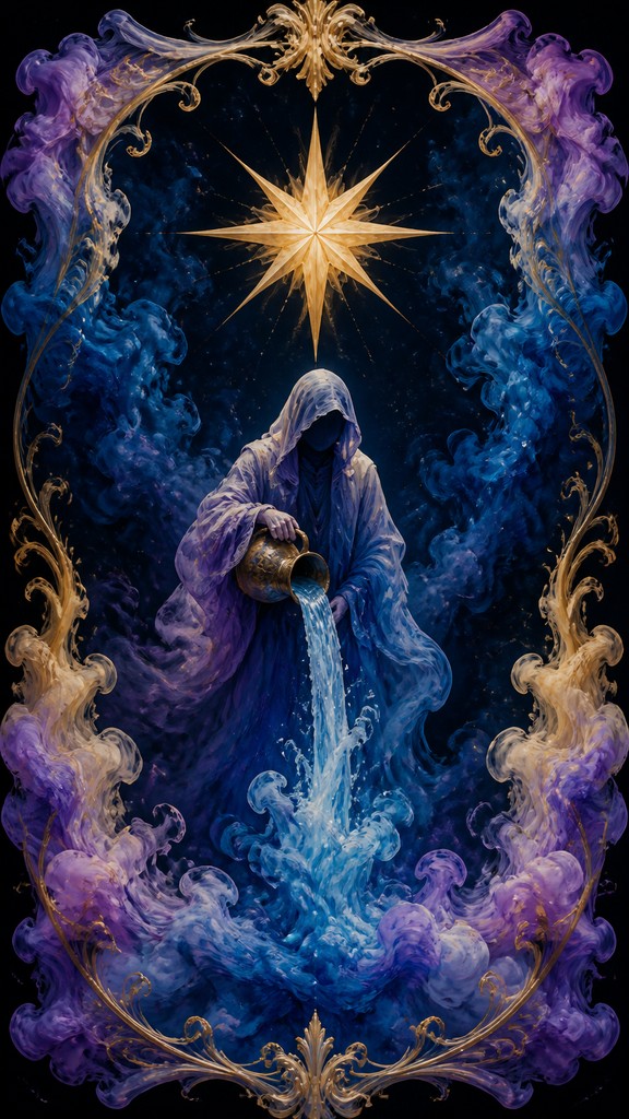 a robed figure pouring water beneath a large eight-pointed star in a night sky, symmetrical composition with an ornate decorative border, no text