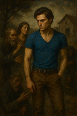 a painting of a man standing in front of a group of people