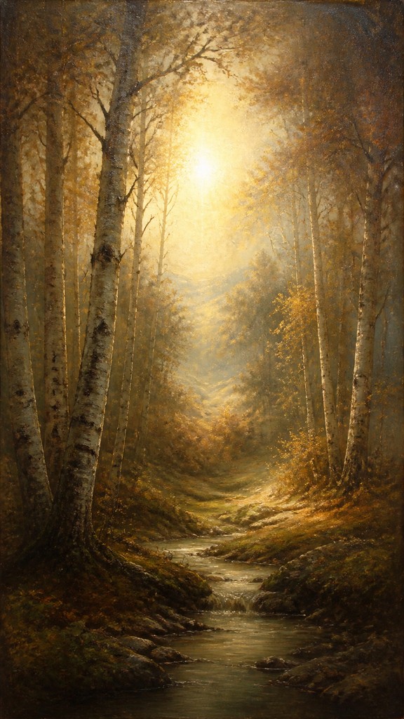 a serene birch forest in soft morning light, no people, no text