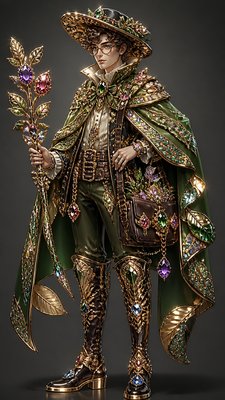 full-body original character: a wandering botanist with a satchel of plants, a patched green cloak, tall boots and round glasses, neutral background