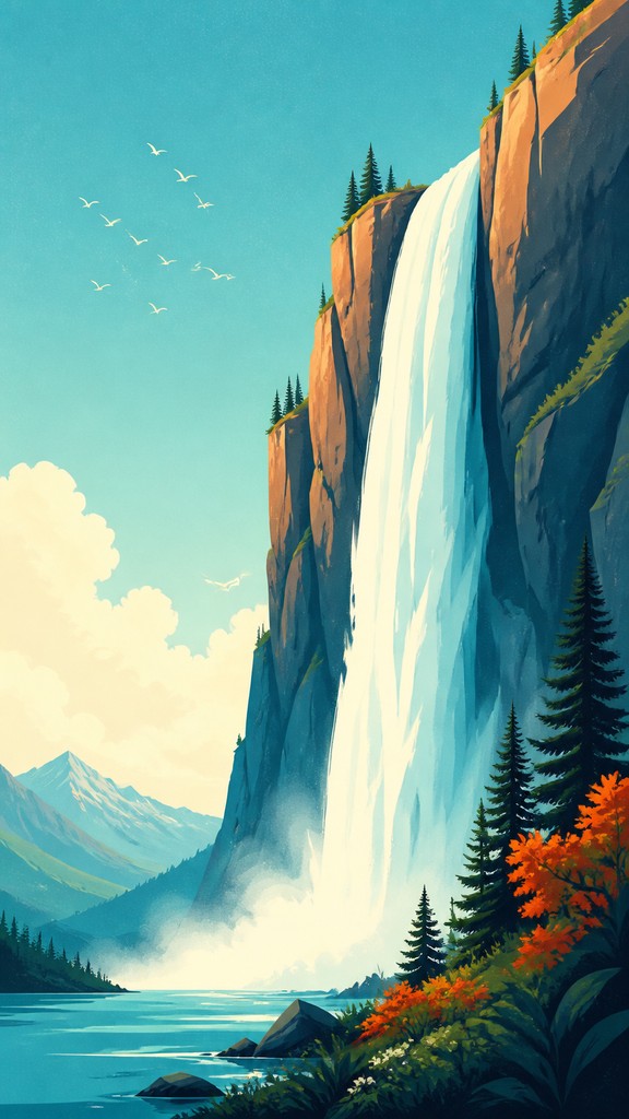 towering waterfall cascading down a cliff