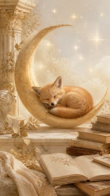 a sleeping baby fox curled on a crescent moon among soft stars, gentle and warm, no text