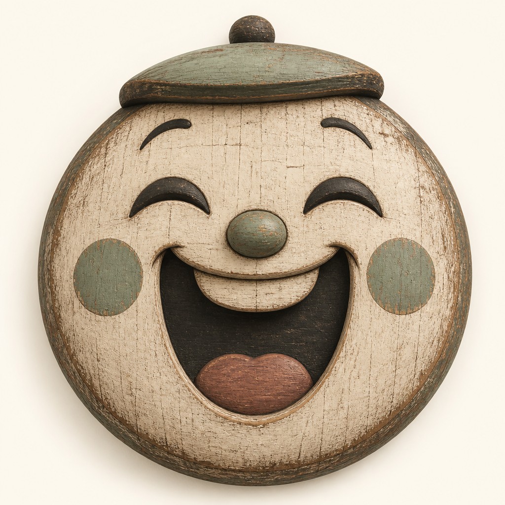 an exaggerated laughing face of an original round mascot character, bold and readable at small size, plain background, no text