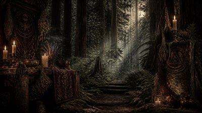 a panoramic redwood forest with light rays through mist, no people
