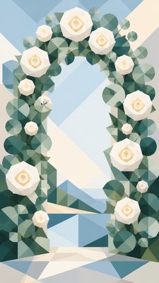 an arch of white roses and eucalyptus in soft morning light, elegant vertical composition with open space, no text