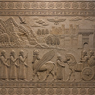 wide landscape with natural scenery — Mesopotamian Relief Art Style