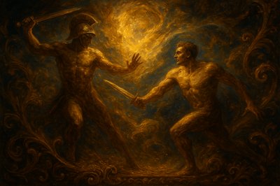 a painting of two men holding a sword