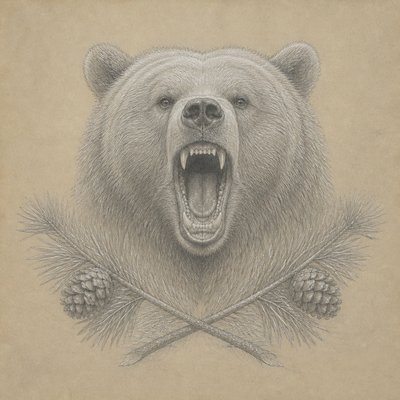 a roaring bear head above crossed pine branches, bold graphic composition on a plain background, no text