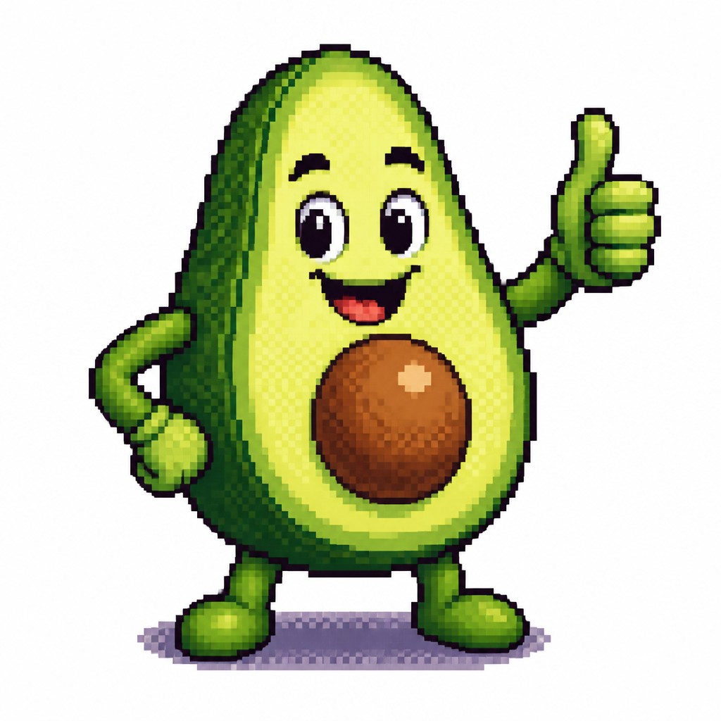 a happy avocado character giving a thumbs up, bold readable design on a plain background, no text