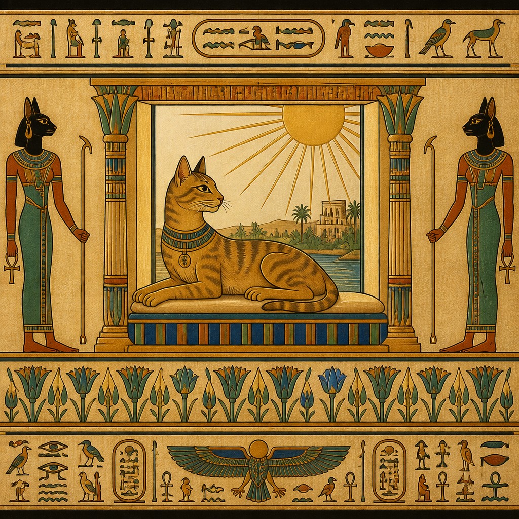 a cat lounging in a sunlit window — Ancient Egyptian Art Style