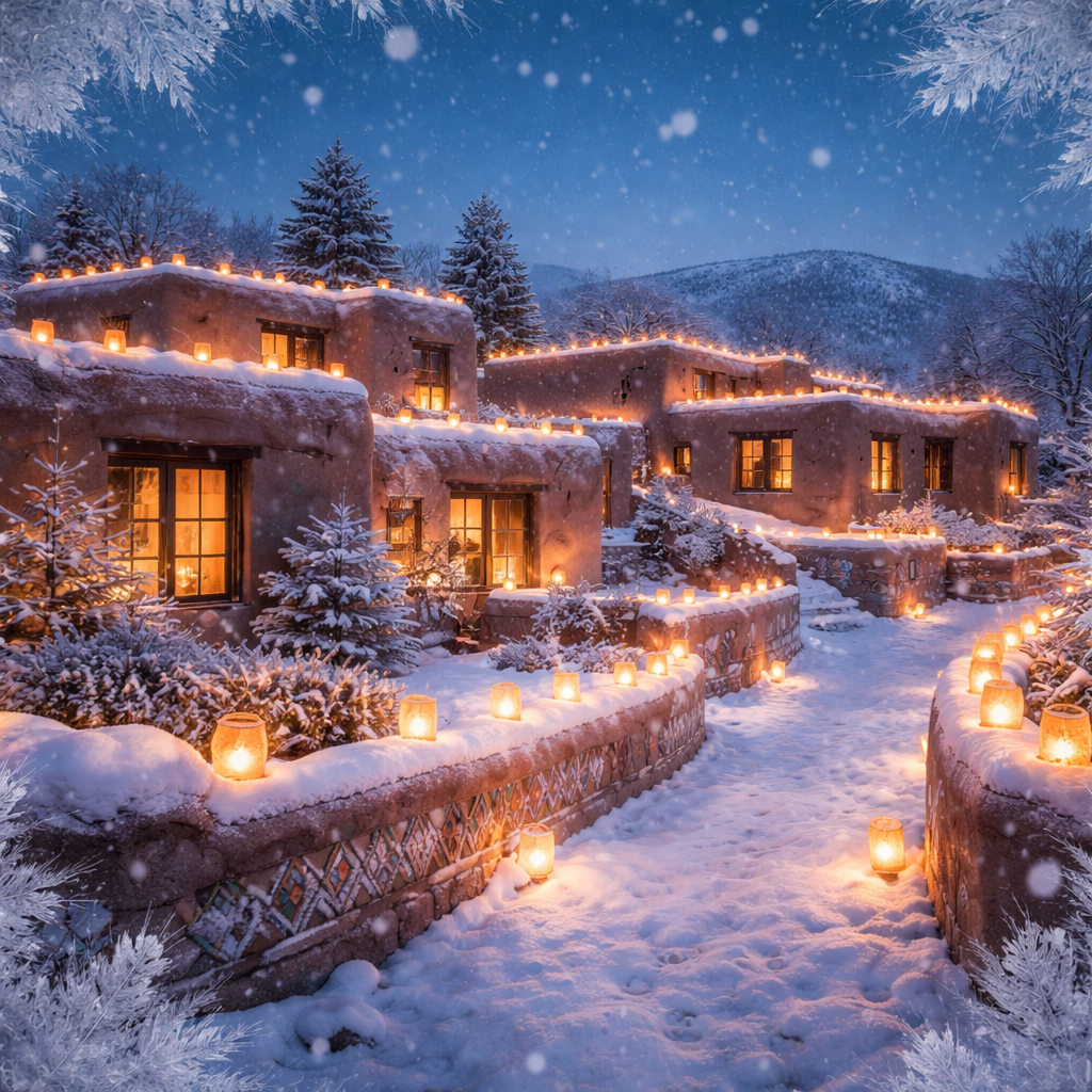 Cinematic night scene of traditional Northern New Mexico adobe houses with rounded corners and flat roofs, nestled in a snowy Taos landscape. Large soft snowflakes are falling through the air. The windows are glowing with warm golden candlelight. Along the rooflines and pathways, hundreds of traditional luminarias (farolitos) cast a soft amber glow. The scene features Puebloan-inspired Christmas art and geometric patterns in turquoise, copper, silver, and midnight blue. No red or green colors. High detail, serene atmosphere, high contrast between the warm golden lights and the cool blue twilight snow, 8k resolution, photorealistic.