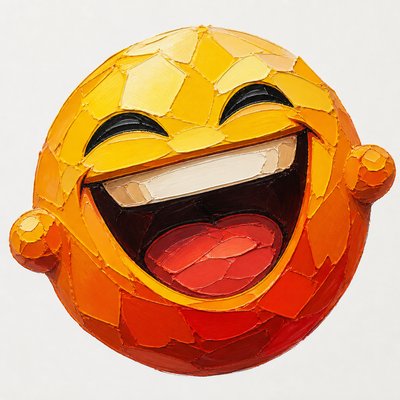 an exaggerated laughing face of an original round mascot character, bold and readable at small size, plain background, no text