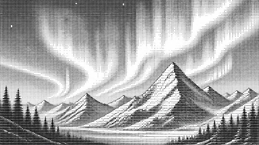 a flowing aurora over snowy peaks, wide sweeping composition, no people, no text