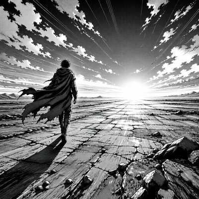 a solitary figure walking toward a glowing horizon across an empty plain, moody atmosphere, no text or lettering