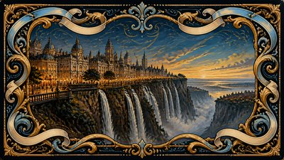 a cliffside city with waterfalls cascading into a misty canyon, wide establishing shot, no people, no text