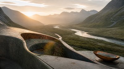 a vast valley with a river winding toward distant mountains at sunrise, no people, no text