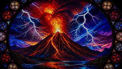 an erupting volcano with lightning strikes, dramatic wide composition, no text