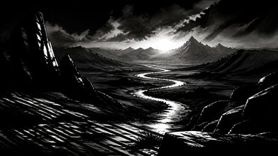 a vast valley with a river winding toward distant mountains at sunrise, no people, no text