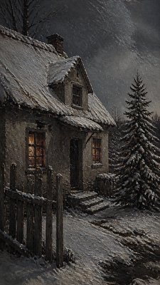 a snow-covered cottage with warm glowing windows beside a decorated pine tree, gentle snowfall, no text