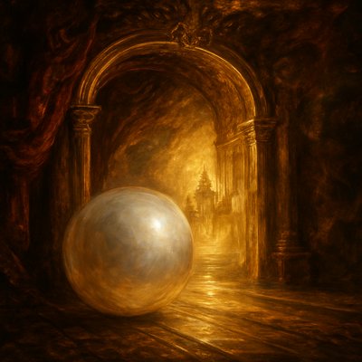 A profoundly symbolic and awe-inspiring depiction of a colossal, luminous pearl gate in the New Jerusalem, captured in the dynamic act of rolling away, similar to the stone being moved from Christ's tomb. The gate, a single, immense, perfectly spherical pearl, is shown mid-motion, having just been set aside from the entrance, revealing the glorious city beyond.

The pearl itself glows with an intense, soft iridescence, reflecting the divine light. Its surface shows subtle, exquisite details of mother-of-pearl. The frame or opening from which it has rolled away is visible, perhaps showing immense, smooth tracks or channels in the transparent gold structure of the city wall, reinforcing the idea of its monumental movement.

Through the now open gate, the radiant glory of the New Jerusalem streams forth. Pure gold streets, like transparent glass, extend into the city, illuminated by an intense, divine light that emanates from within. Heavenly architecture, impossibly beautiful and intricate, is glimpsed in the distance, beckoning. The atmosphere is one of profound sanctity, triumphant revelation, and welcoming access to the divine, with the act of the pearl rolling away symbolizing a breakthrough or an open invitation. The lighting is ethereal and grand, emphasizing the pearl's luster and the city's overwhelming glory."