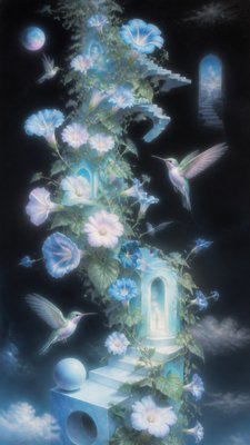 a climbing vine of flowers and hummingbirds on a dark background, tall wrapping composition, no text