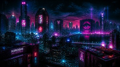 a city skyline panorama at dusk with glowing windows, no people