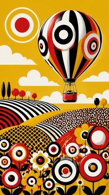 a hot air balloon drifting over rolling flower fields on a sunny day, cheerful, no text