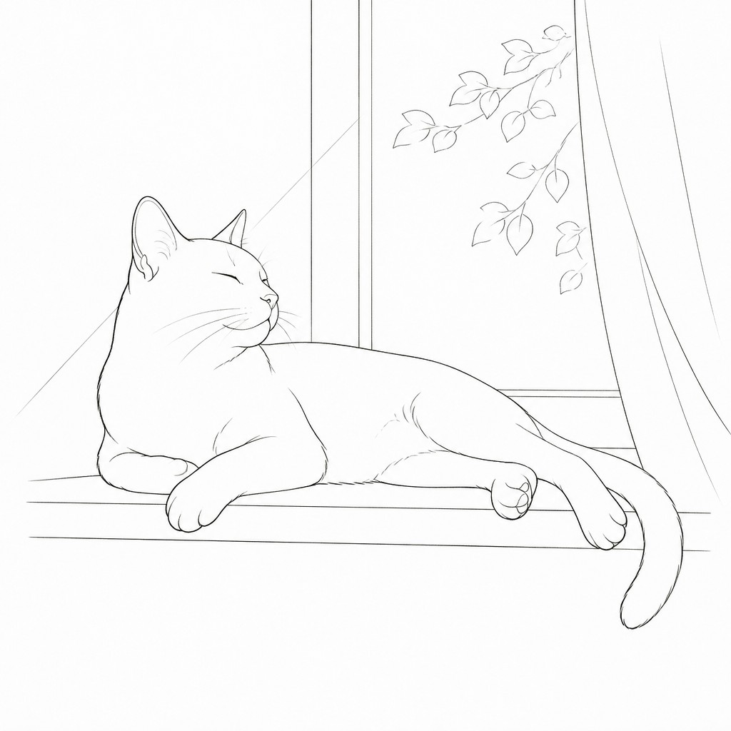 a cat lounging in a sunlit window — Contour Line Drawing Style