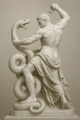 a statue of a man holding a snake