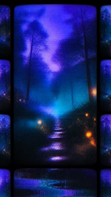 a mysterious forest path with fireflies and drifting mist, atmospheric vertical composition with open space at the top, no text