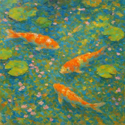 A koi pond seen from above, orange and white koi fish swimming among lily pads, clear water with subtle ripples, fallen cherry blossom petals floating on the surface, dappled sunlight