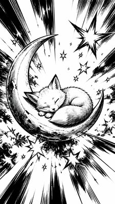 a sleeping baby fox curled on a crescent moon among soft stars, gentle and warm, no text