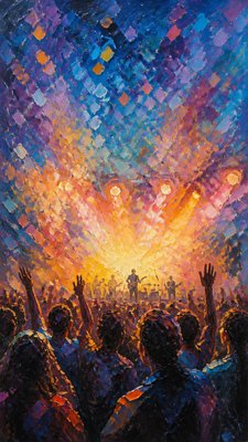 a live music scene with a glowing stage and silhouetted crowd, energetic vertical composition with open space at the top, no text