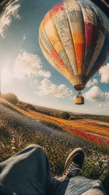 a hot air balloon drifting over rolling flower fields on a sunny day, cheerful, no text
