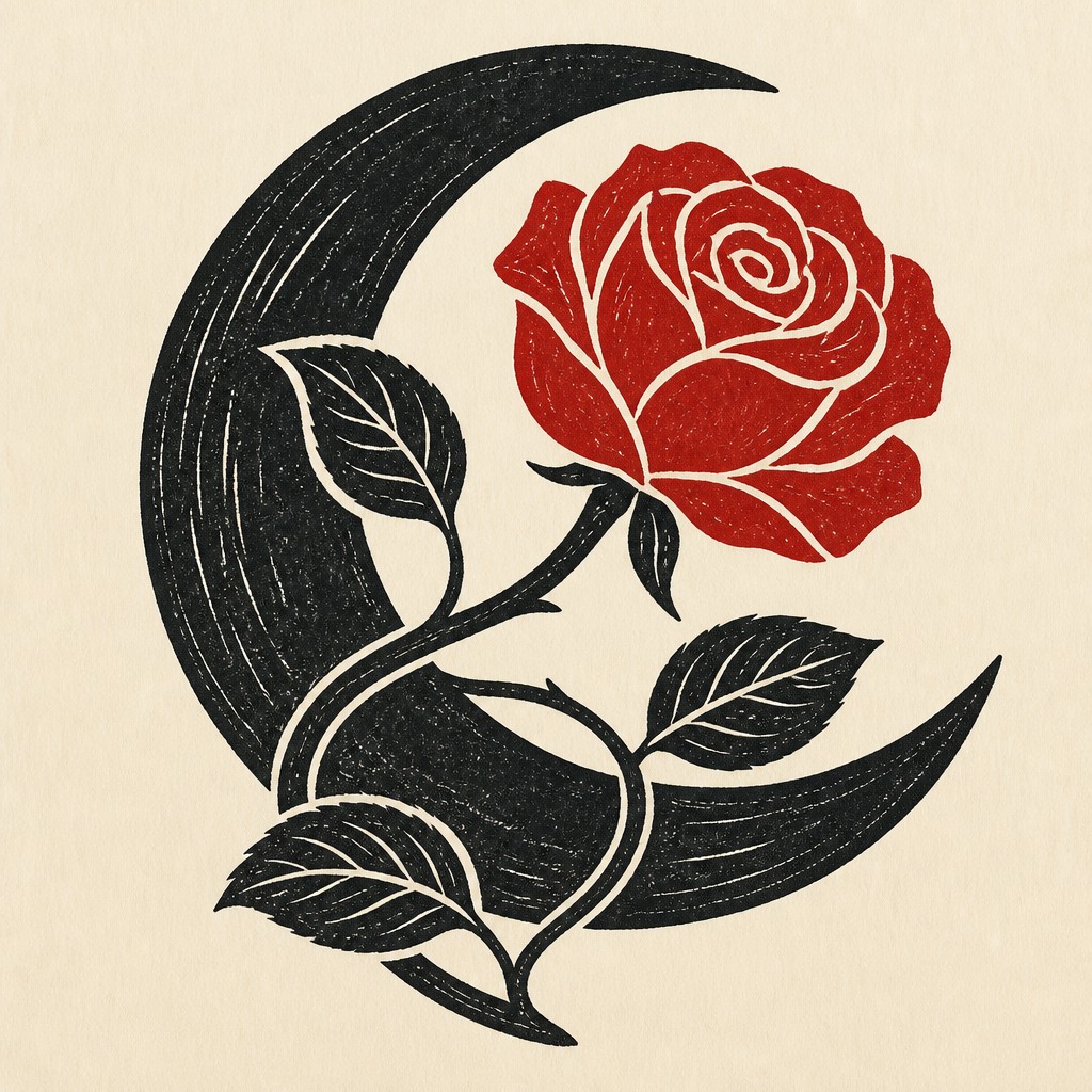 a rose entwined with a crescent moon, clean balanced composition on a plain background, no text