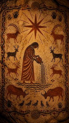 a robed figure pouring water beneath a large eight-pointed star in a night sky, symmetrical composition with an ornate decorative border, no text