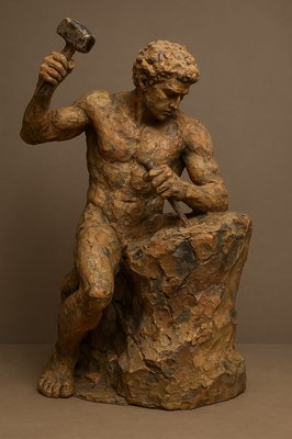 a statue of a man holding a hammer and a rock