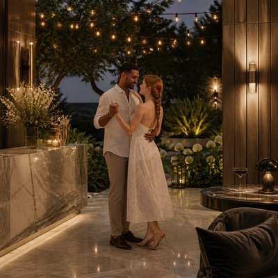 an original couple dancing under string lights in a garden at dusk: a man with short black hair in a linen shirt and a woman with braided red hair in a summer dress