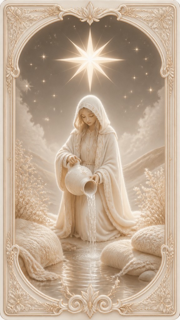 a robed figure pouring water beneath a large eight-pointed star in a night sky, symmetrical composition with an ornate decorative border, no text