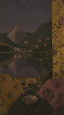 a tranquil mountain lake beneath a starry night sky, no people, no text