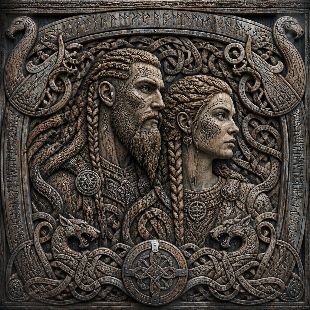 portrait of two people together — Viking Art Style