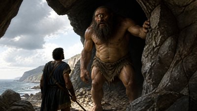 Homer's Odyssey scene with Odysseus  looking up at the ignudi cyclops whose face has only one large eye