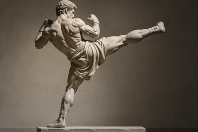 back view of an ancient greek athlete doing a kickbox exercise