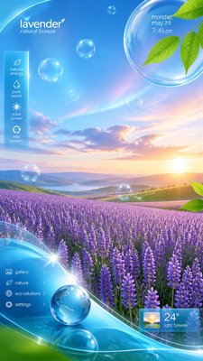 a field of lavender stretching to distant hills at dusk, no people