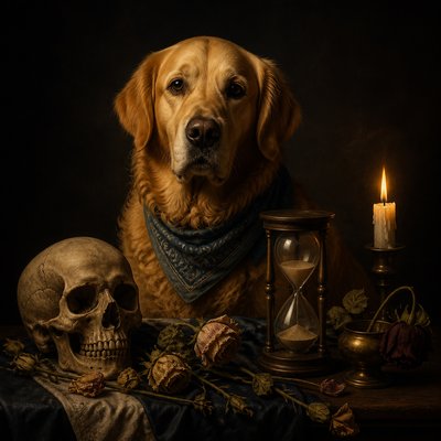 portrait of a golden retriever wearing a blue bandana, warm plain backdrop, no text