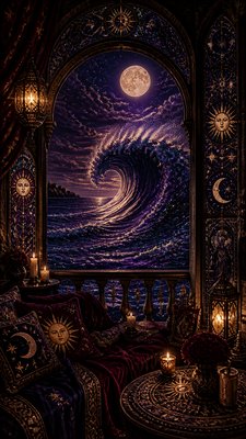 an ocean wave curling under moonlight, no people