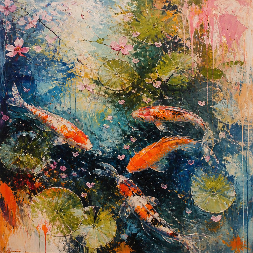A koi pond seen from above, orange and white koi fish swimming among lily pads, clear water with subtle ripples, fallen cherry blossom petals floating on the surface, dappled sunlight