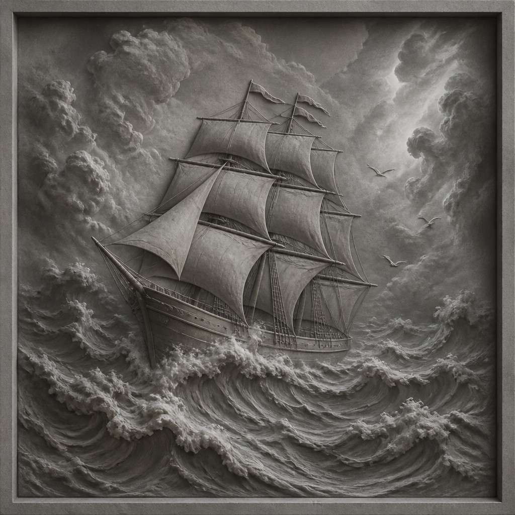 sailing ship on a stormy sea — Grisaille Painting Style