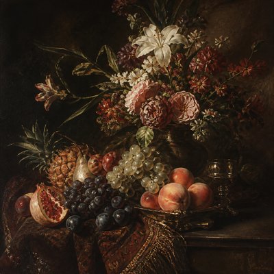 still life arrangement of fruits and flowers